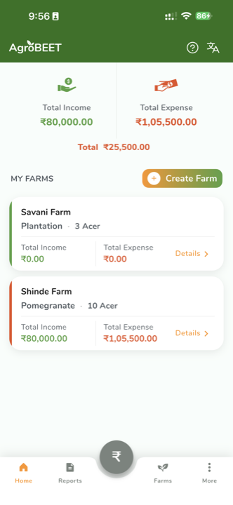 AgroBEET app home screen showing farm-wise total income and expenses