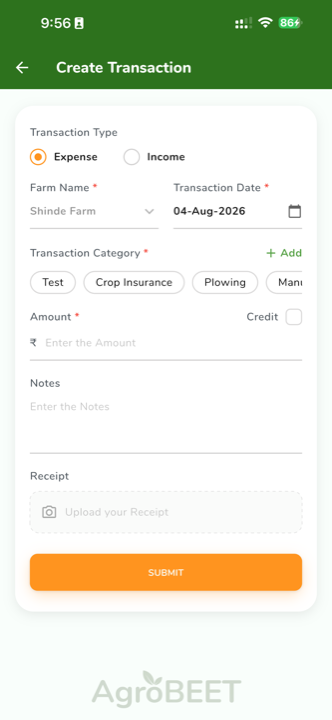 Create transaction screen with categories, amount and receipt upload