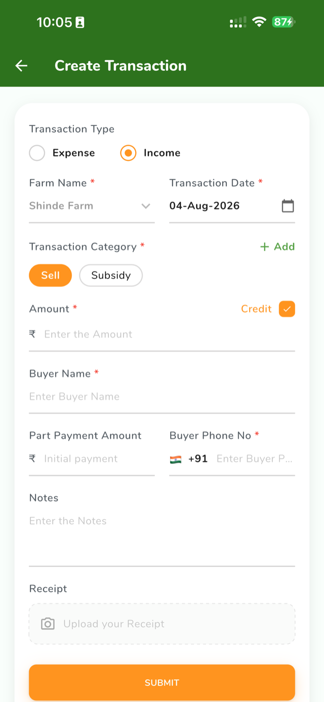 AgroBEET sell entry screen recording an income transaction with buyer name, phone and part payment