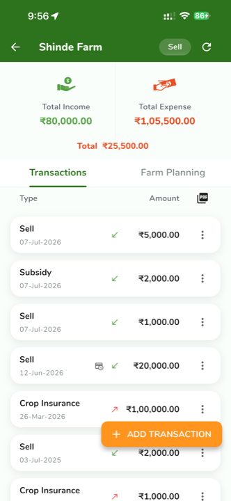 AgroBEET farm screen listing sell, subsidy and insurance transactions with totals